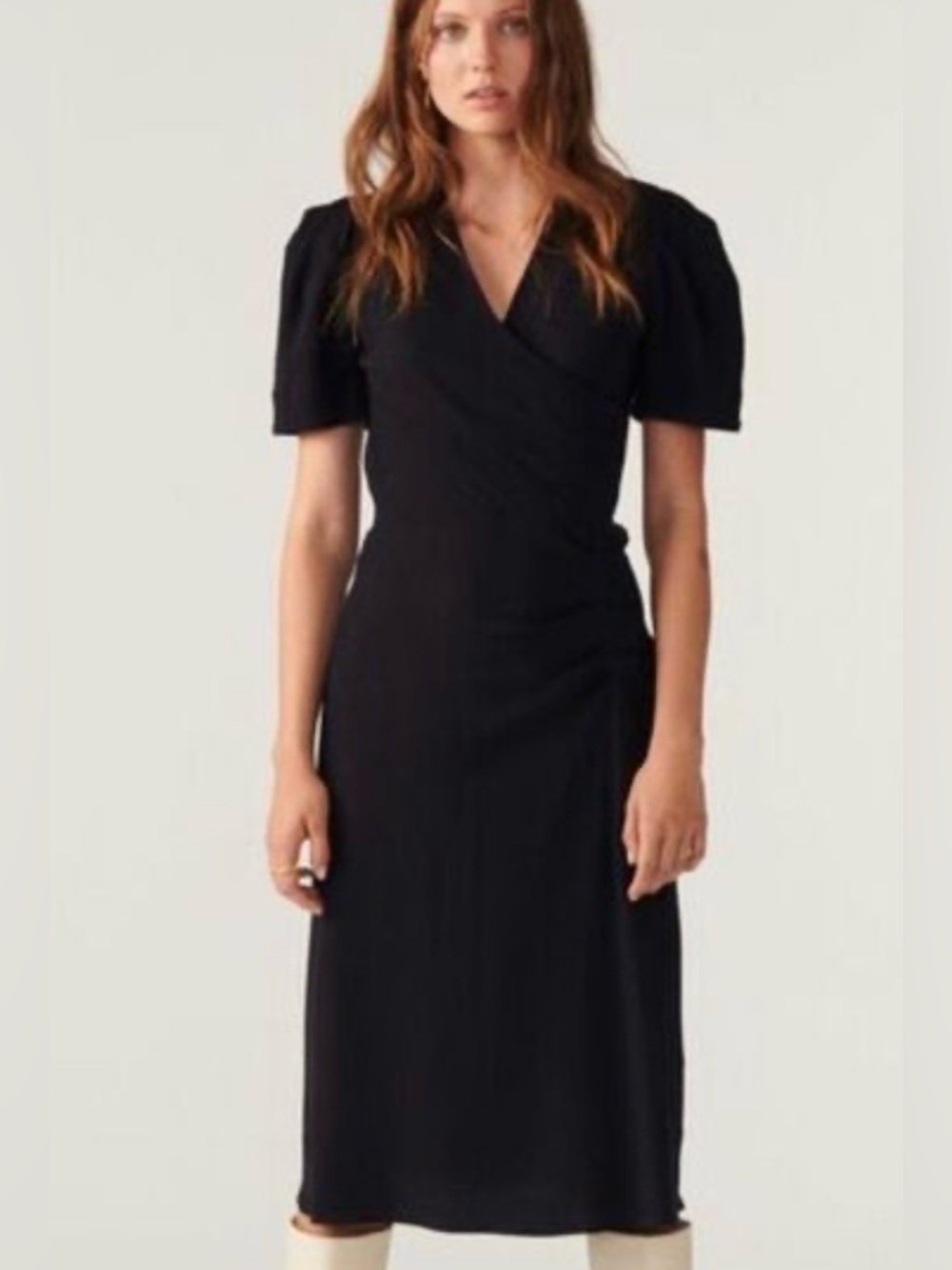 BASH PARIS OYA NAVY BLUE MIDI DRESS with Side Ruching